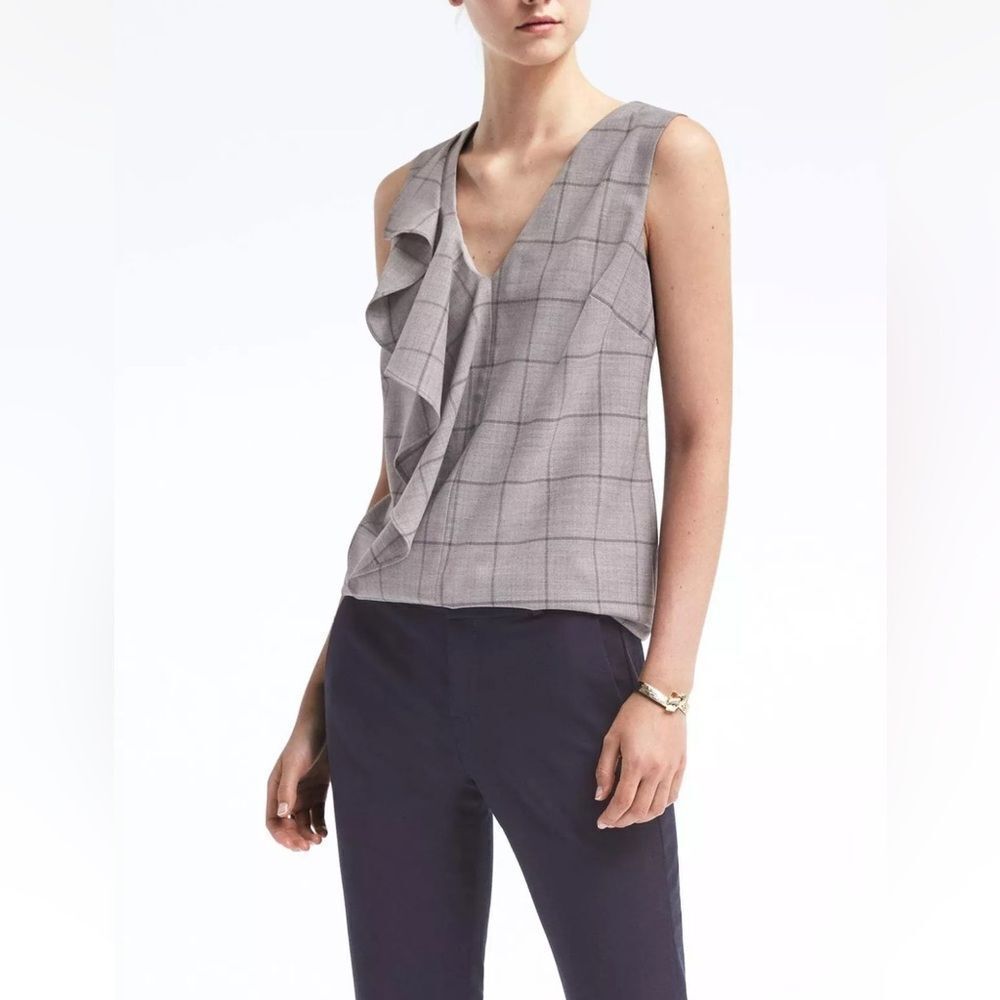 Banana Republic Windowpane Cascade Ruffle Wool Sleeveless Vest Top